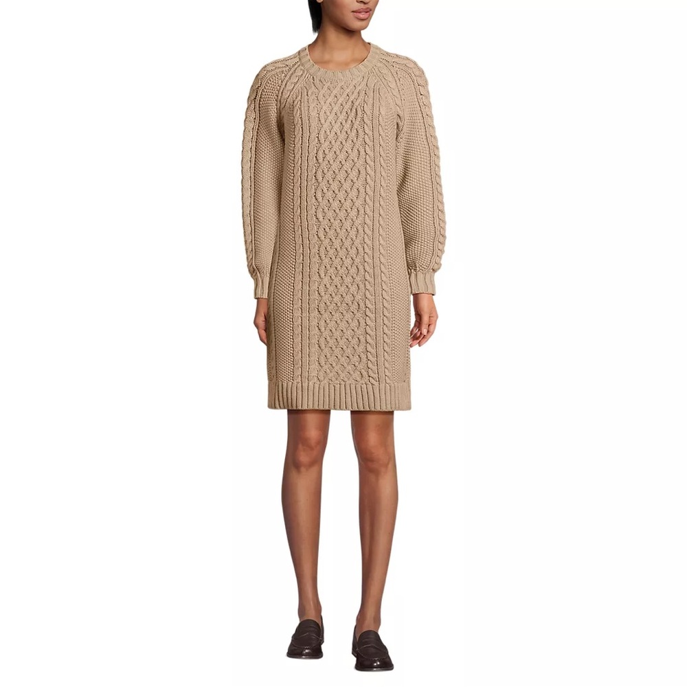 Land’s End Women's Cotton Blend Cable Crew Neck Sweater Dress - Picture 3 of 7